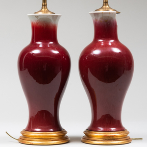 Pair of Chinese Copper Red Porcelain Vases Mounted as Lamps