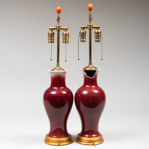 Pair of Chinese Copper Red Porcelain Vases Mounted as Lamps