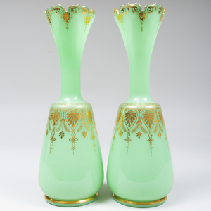 Pair of Green Glass Gilt-Decorated Bohemian Vases