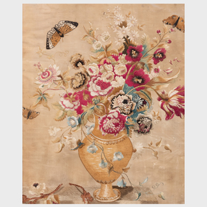Continental Silk Needlework Panel of a Flower-Filled Urn