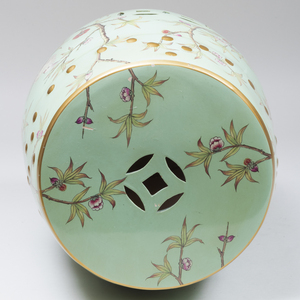Green Porcelain Garden Seat Decorated with Birds Amongst Branches