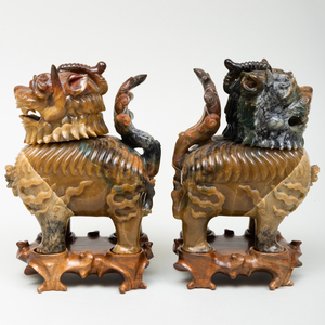Pair of Chinese Hardstone Buddistic Lion Form Vessels