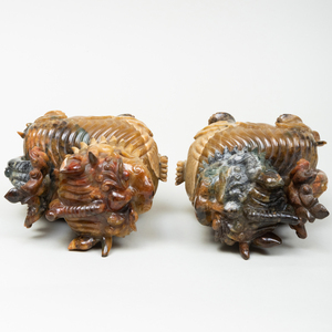 Pair of Chinese Hardstone Buddistic Lion Form Vessels