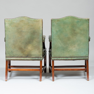 Pair of George III Style Mahogany and Green Tufted Leather Armchairs
