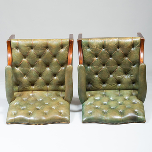 Pair of George III Style Mahogany and Green Tufted Leather Armchairs