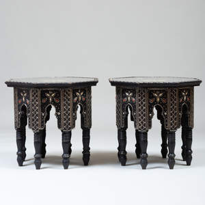 Pair of Moroccan Ebonized and Bone Inlaid Octagonal Low Tables