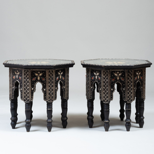 Pair of Moroccan Ebonized and Bone Inlaid Octagonal Low Tables