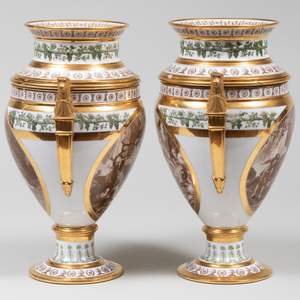 Pair of Stone, Coquerell et Le Gros Porcelain Sepia and Gilt-Decorated Urn Form Fruit Coolers, Covers and Liners