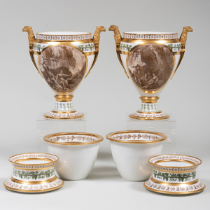 Pair of Stone, Coquerell et Le Gros Porcelain Sepia and Gilt-Decorated Urn Form Fruit Coolers, Covers and Liners