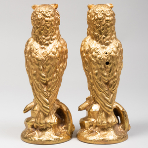 Pair of English Gilt-Bronze Owl Form Table Clock and Barometer