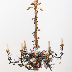 French Gilt-Bronze, Painted Metal and Porcelain Mounted Six-Light Chandelier