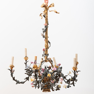 French Gilt-Bronze, Painted Metal and Porcelain Mounted Six-Light Chandelier