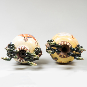 Pair of Continental Majolica Twin Snake Handle Vases Decorated with Mythological Scenes