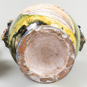 Pair of Continental Majolica Twin Snake Handle Vases Decorated with Mythological Scenes