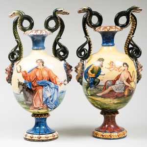 Pair of Continental Majolica Twin Snake Handle Vases Decorated with Mythological Scenes