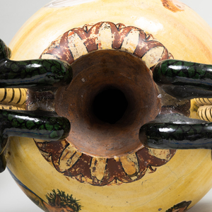 Pair of Continental Majolica Twin Snake Handle Vases Decorated with Mythological Scenes