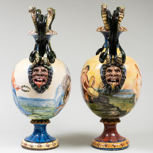 Pair of Continental Majolica Twin Snake Handle Vases Decorated with Mythological Scenes
