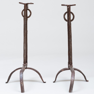 Pair Bronze Andirons with Stylized Ram's Heads