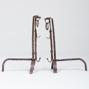 Pair Bronze Andirons with Stylized Ram's Heads