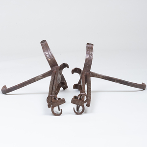 Pair Bronze Andirons with Stylized Ram's Heads