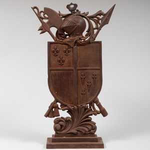 Fire Tool Stand together with Three Metal Coat of Arms