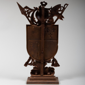 Fire Tool Stand together with Three Metal Coat of Arms