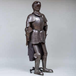 European Engraved Metal Suit of Armor with Shield