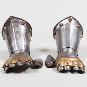 Pair of Victorian Metal and Brass Gauntlets together with Two Additional Metal Gauntlets