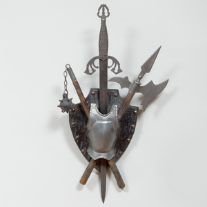 Metal Coat of Arms with Helmet, Sword, and Halberd