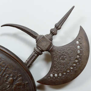 Metal Coat of Arms with Helmet, Sword, and Halberd