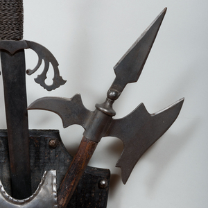 Metal Coat of Arms with Helmet, Sword, and Halberd