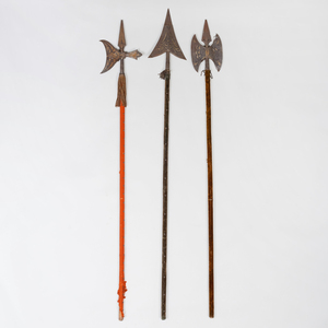 Two Decorative Painted Tin and Fabric Axes and One Spear
