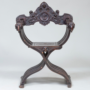 Italian Carved and Stained Wood Savonarola Chair
