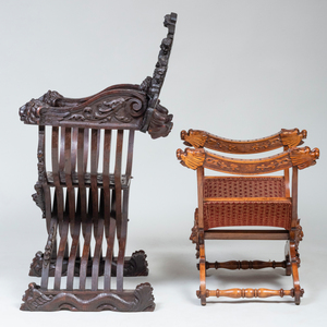 Italian Carved Stained Wood Savonarola Chair and a Walnut Curule Form Stool