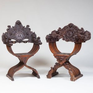 Two Italian Carved Walnut Savonarola Chairs