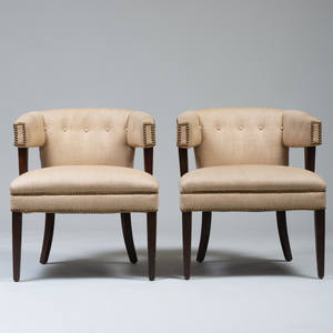 Pair of Modern Mahogany and Linen Upholstered Tub Chairs