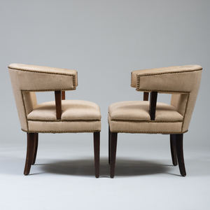 Pair of Modern Mahogany and Linen Upholstered Tub Chairs