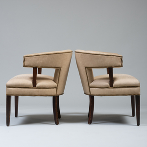 Pair of Modern Mahogany and Linen Upholstered Tub Chairs