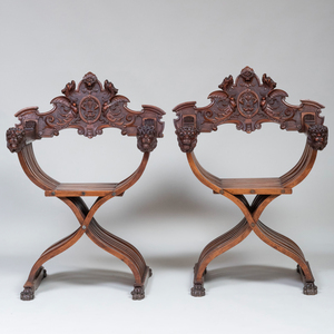Pair of Italian Carved Walnut Savonarola Chairs
