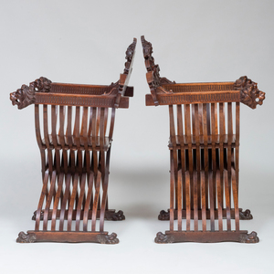 Pair of Italian Carved Walnut Savonarola Chairs
