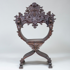 Italian Carved Stained Wood Savonarola Chair