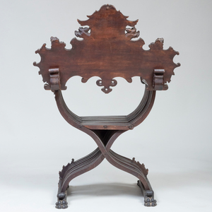 Italian Carved Stained Wood Savonarola Chair