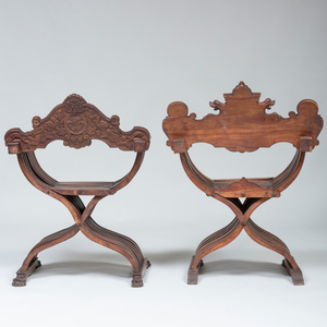 Two Italian Carved Walnut Savonarola Chairs and One Curule Chair
