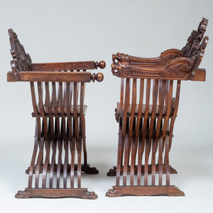 Two Italian Carved Walnut Savonarola Chairs and One Curule Chair