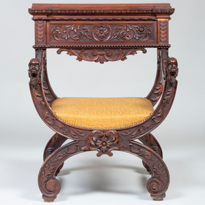 Two Italian Carved Walnut Savonarola Chairs and One Curule Chair
