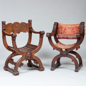 Two Italian Carved Walnut Curule Chairs