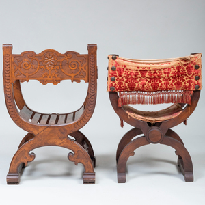 Two Italian Carved Walnut Curule Chairs