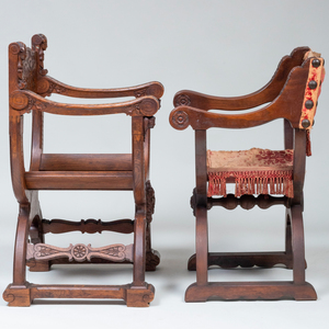 Two Italian Carved Walnut Curule Chairs