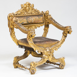 Italian Renaissance Style Giltwood and Leather Curule Chair