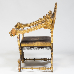 Italian Renaissance Style Giltwood and Leather Curule Chair